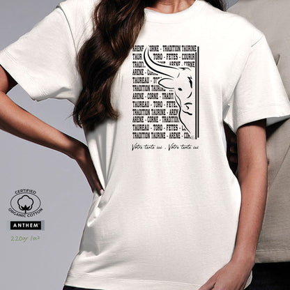 Taureau, tradition taurine, fête votive, bodega, Camargue, graphisme sur T-shirt bio épais 220g à personnaliser avec un texte. Création Virginie Linard ©.