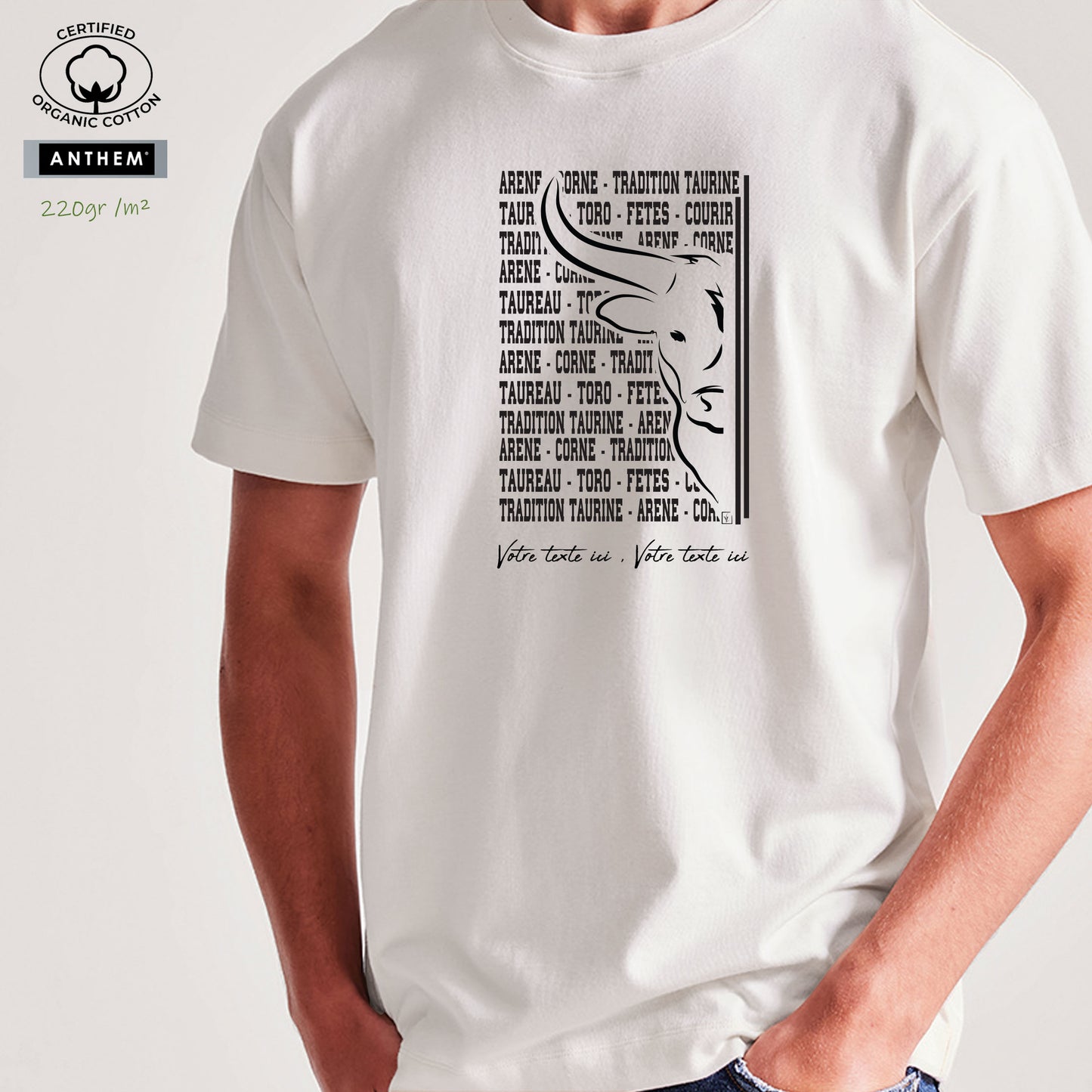 Taureau, tradition taurine, fête votive, bodega, Camargue, graphisme sur T-shirt bio épais 220g à personnaliser avec un texte. Création Virginie Linard ©.
