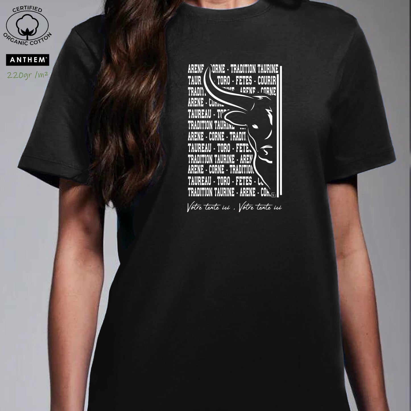 Taureau, tradition taurine, fête votive, bodega, Camargue, graphisme sur T-shirt bio épais 220g à personnaliser avec un texte. Création Virginie Linard ©.