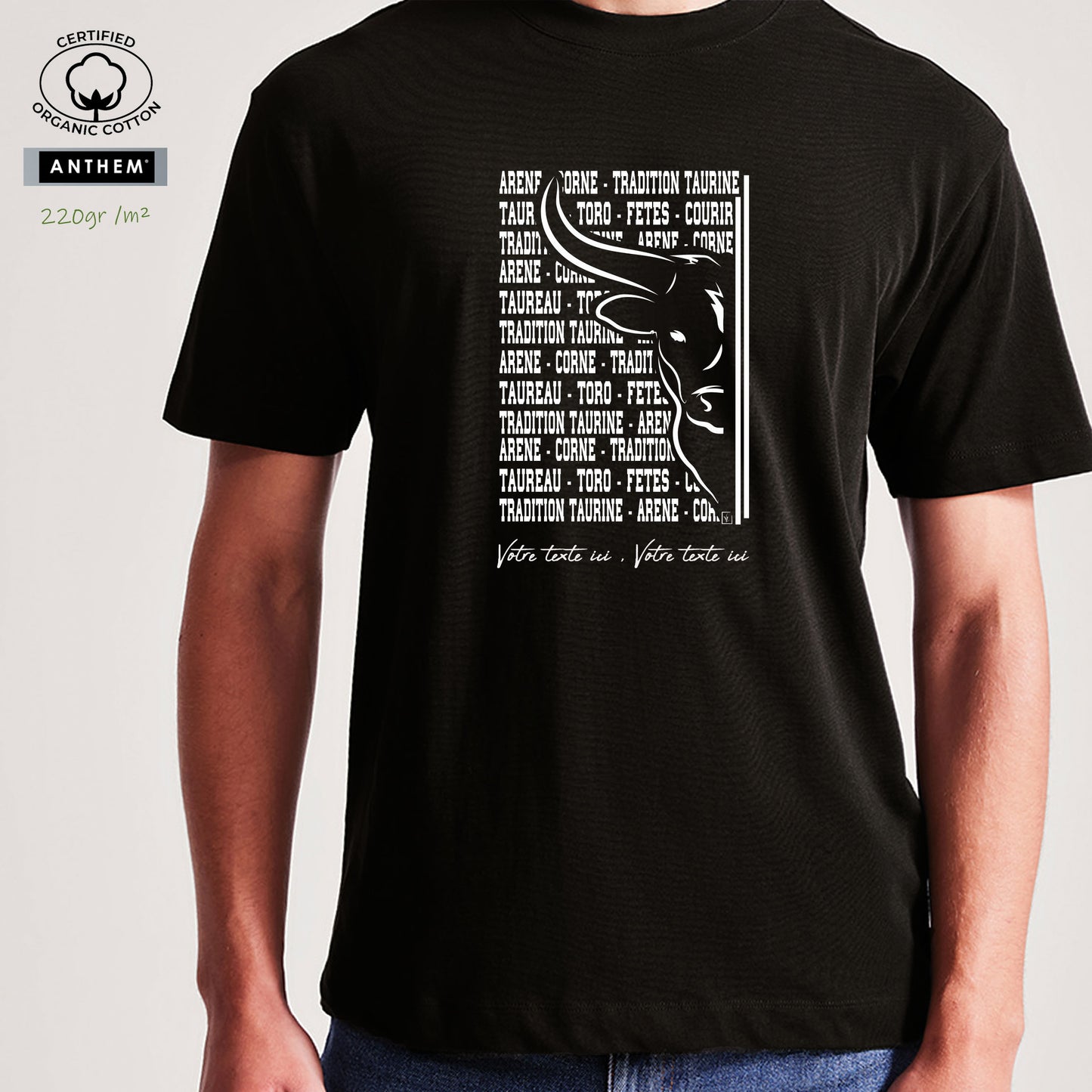 Taureau, tradition taurine, fête votive, bodega, Camargue, graphisme sur T-shirt bio épais 220g à personnaliser avec un texte. Création Virginie Linard ©.