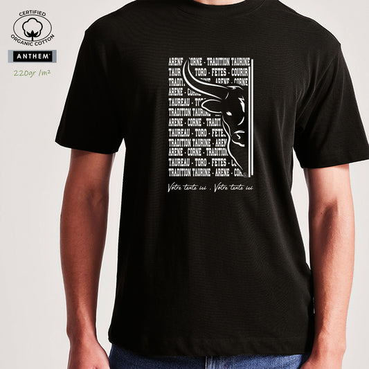 Taureau, tradition taurine, fête votive, bodega, Camargue, graphisme sur T-shirt bio épais 220g à personnaliser avec un texte. Création Virginie Linard ©.