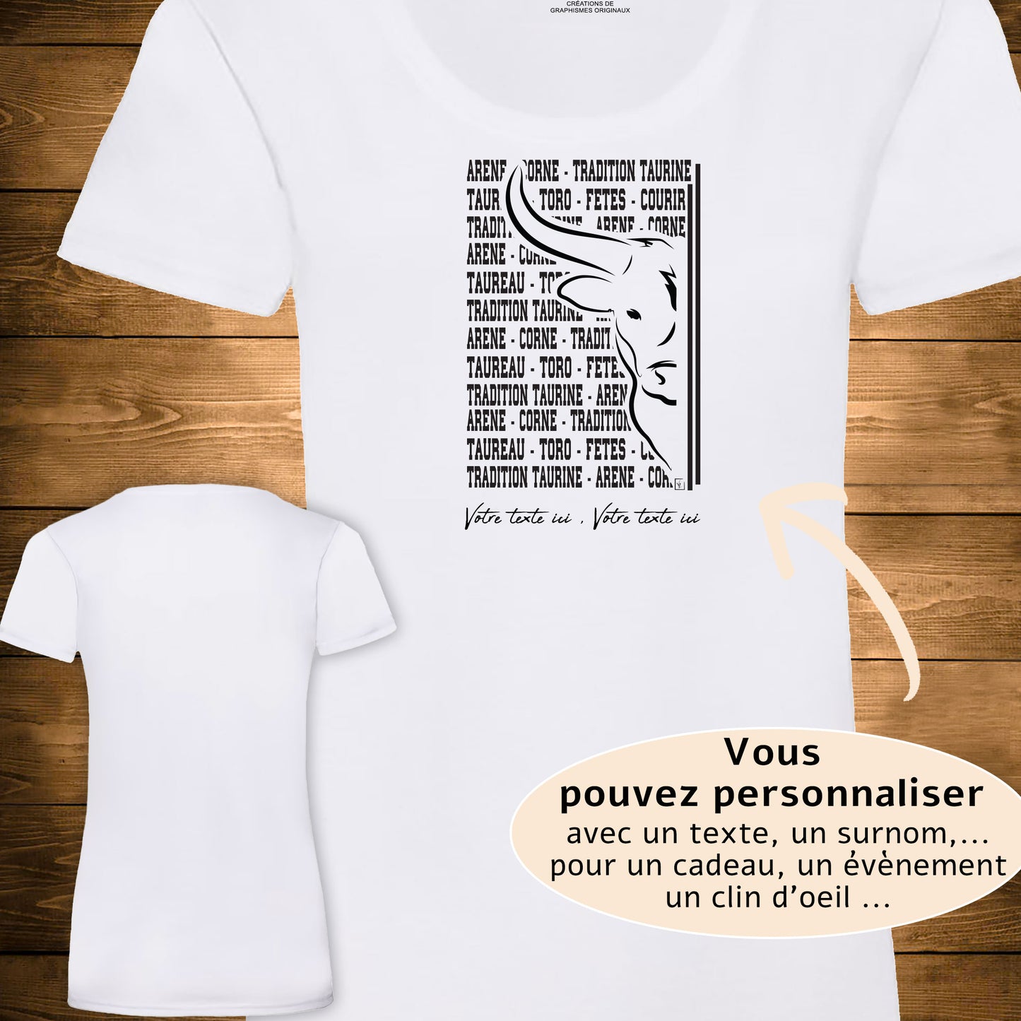 Graphisme taureau , tradition taurine, à personnaliser avec un texte, sur T-shirt blanc femme. Création Virginie Linard ©.