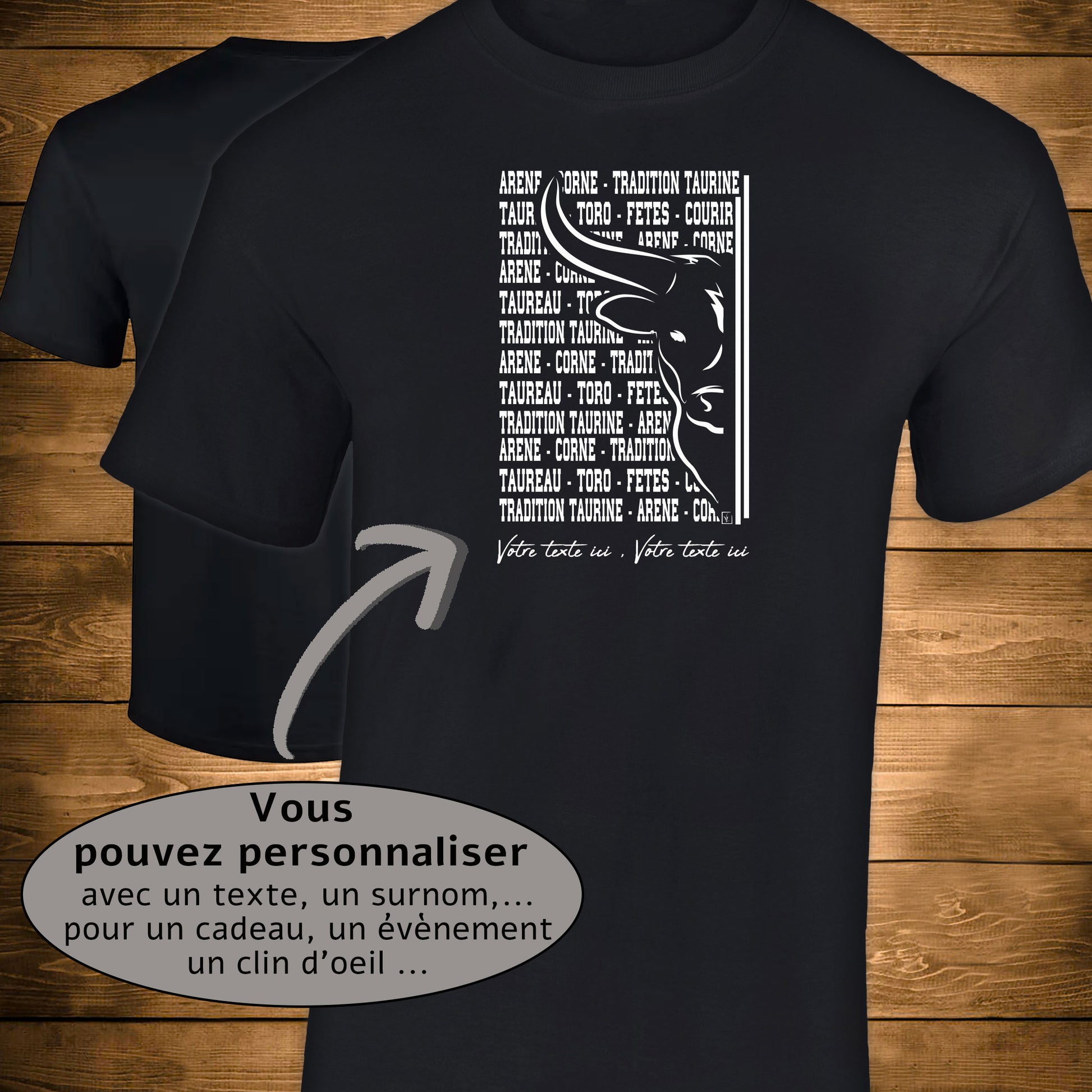 Graphisme taureau , tradition taurine, à personnaliser avec un texte, sur T-shirt noir homme. Création Virginie Linard ©.