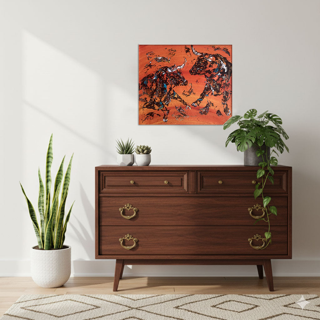 Tableau Taureaux fond orange dégradée, peinture sur toile format 55x46 cm. Original unique. Création peintre Virginie Linard ©.