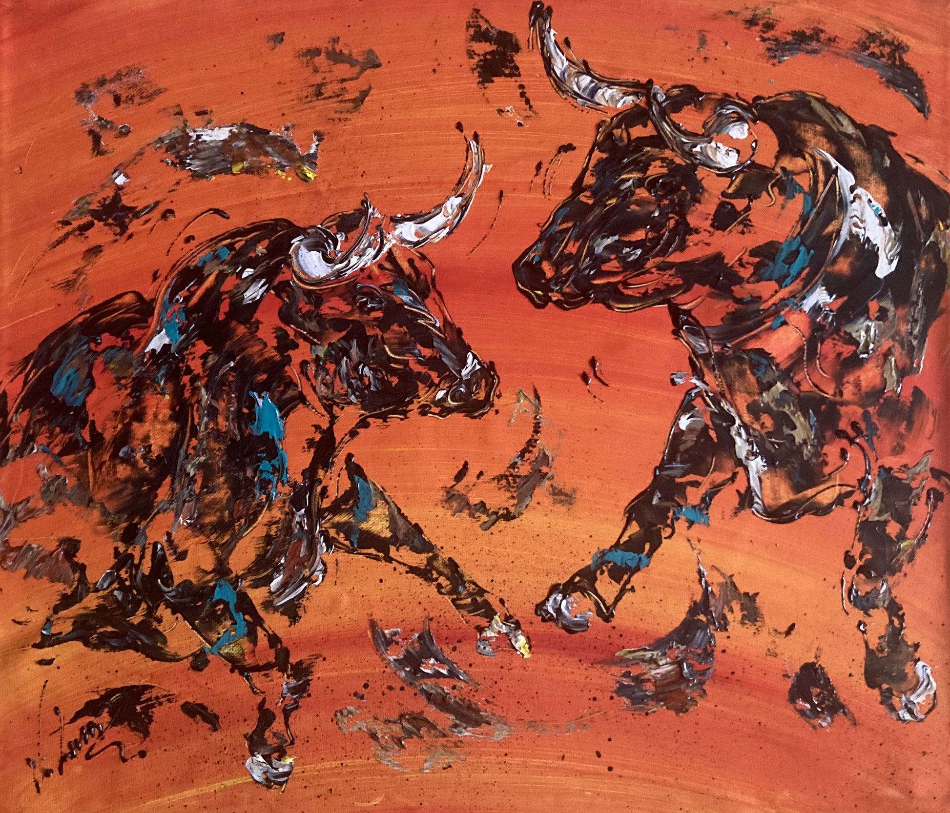 Tableau Taureaux fond orange dégradée, peinture sur toile format 55x46 cm. Original unique. Création peintre Virginie Linard ©.
