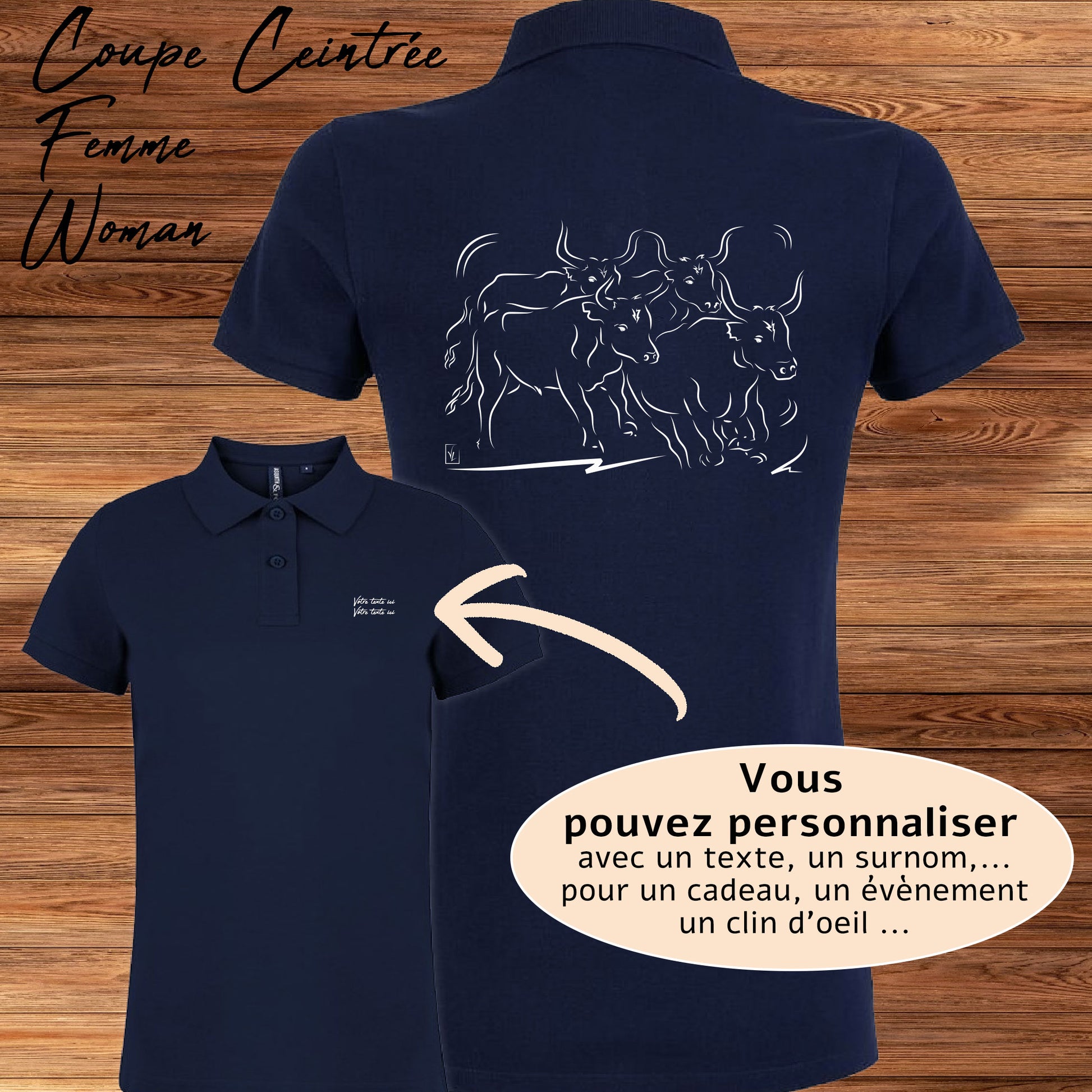 Manade taureaux Camargue, graphisme sur polo bleu femme à personnaliser avec du texte. Création Virginie Linard ©.