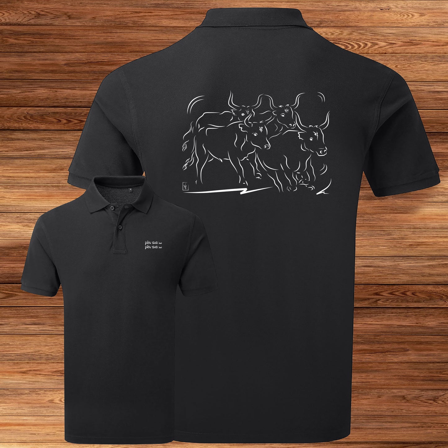 Manade taureaux Camargue, graphisme sur polo noir homme à personnaliser avec du texte. Création Virginie Linard ©.