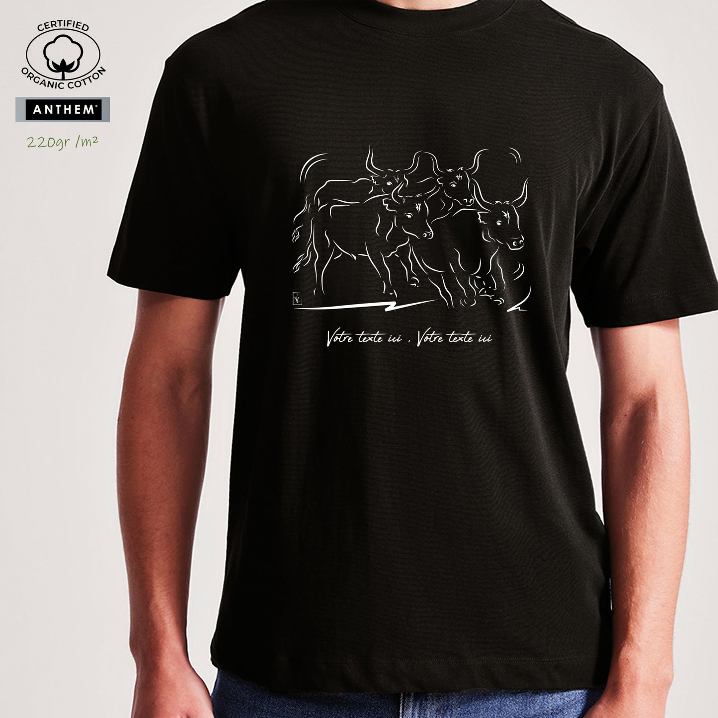 Taureau Camargue Manade, graphisme sur t-shirt bio épais 220g noir unisexe, à personnaliser avec un texte. Création Virginie Linard ©.