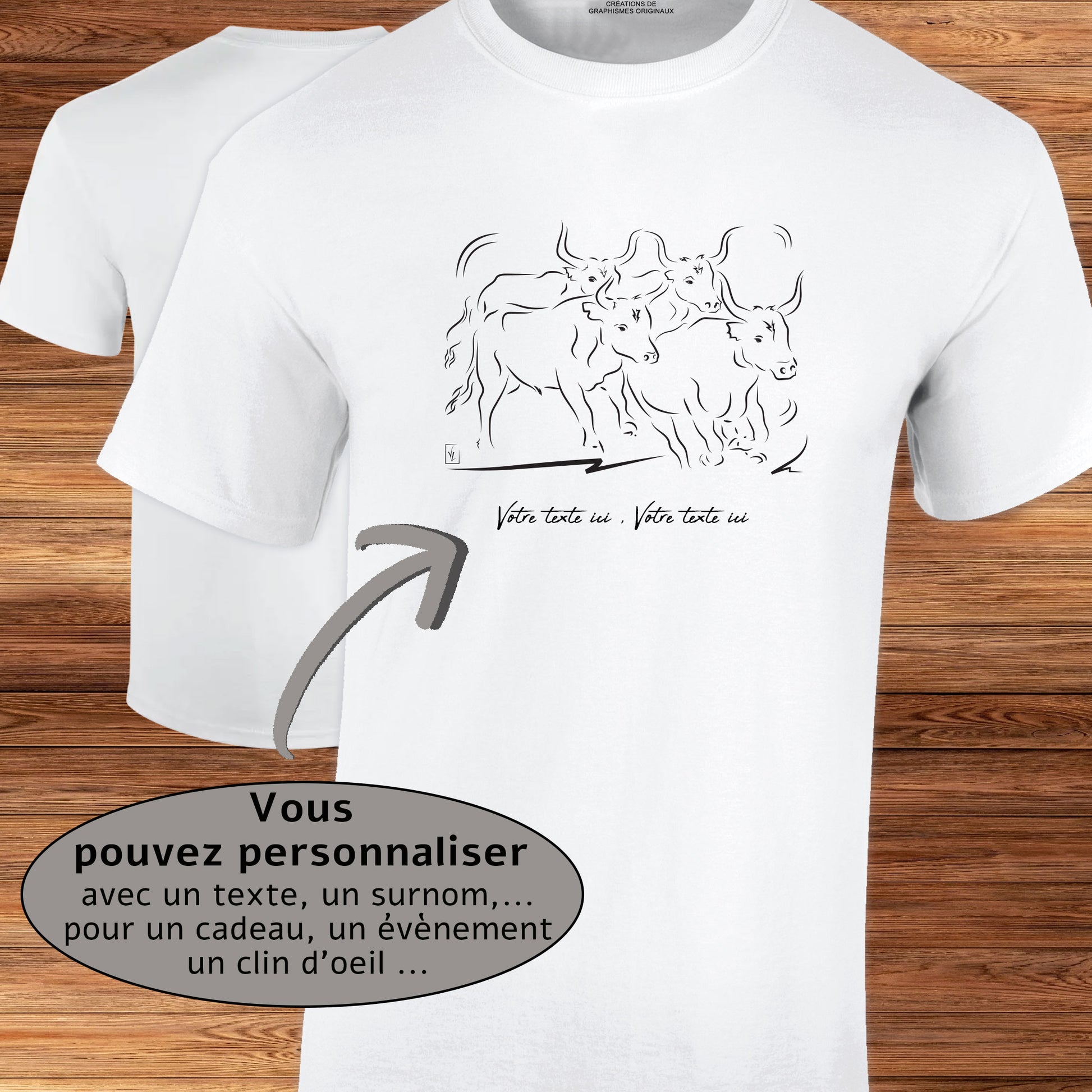 T-shirt blanc homme graphisme troupeau taureaux manade camargue, à personnaliser avec un texte. Création Virginie Linard ©.