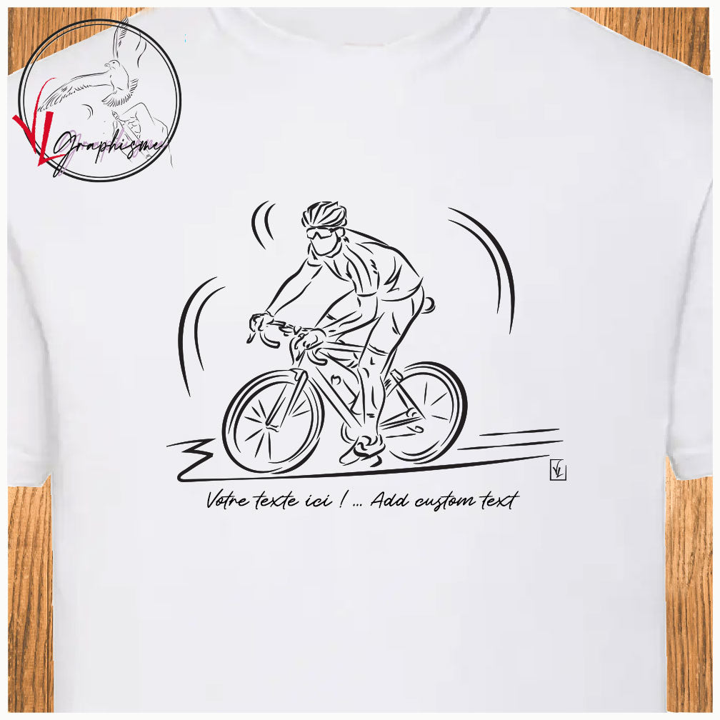 Graphisme Vélo course sur t-shirt blanc  à personnaliser avec un texte. Création virginielinard.com ©.