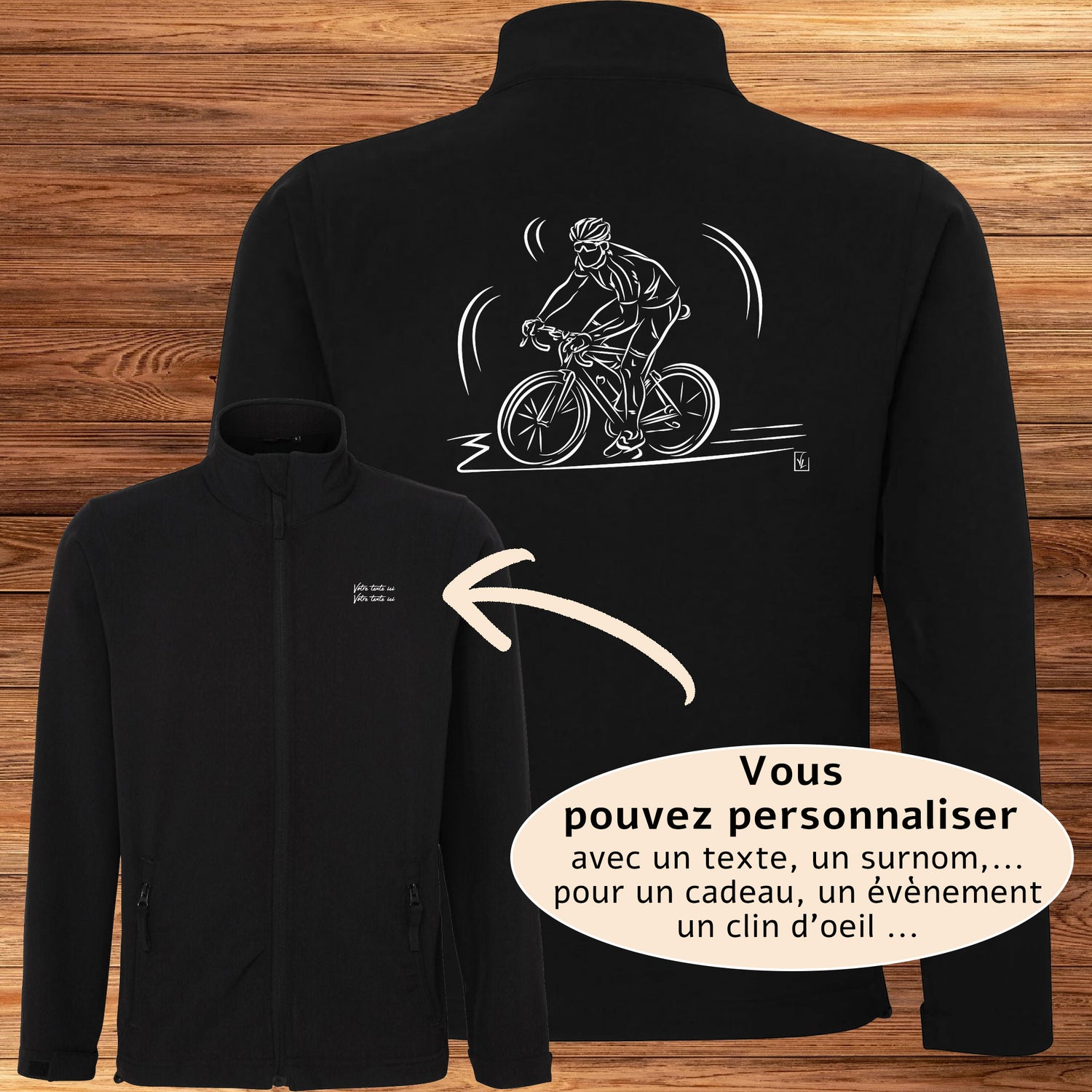 Graphisme Vélo de course cyclisme à personnaliser avec du texte sur vêtement veste sofshell Création Virginie Linard ©.