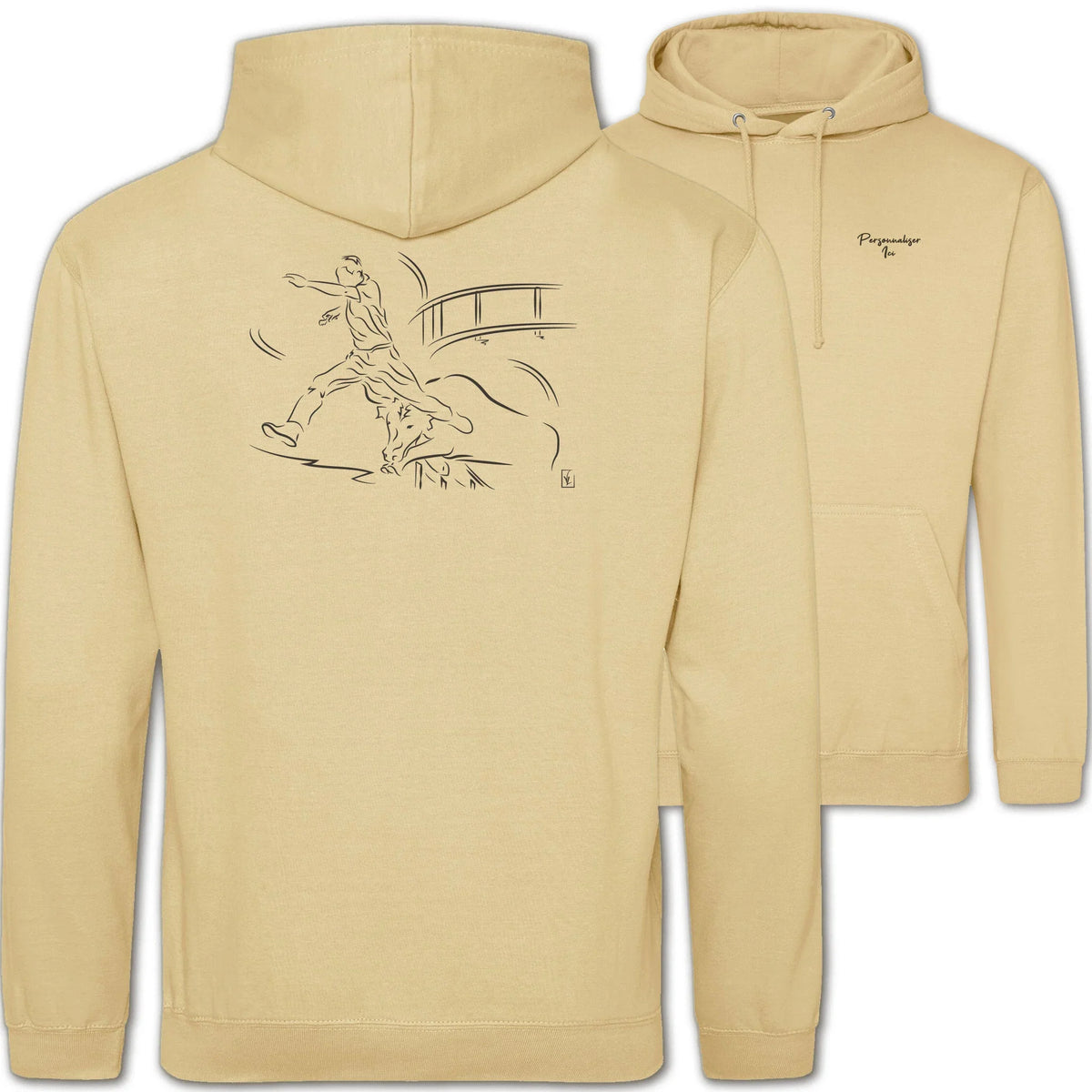 Motif Camargue Course camarguaise - Le saut - au dos d'un Sweat à capuche Unisexe 280g - Beige Desert sand