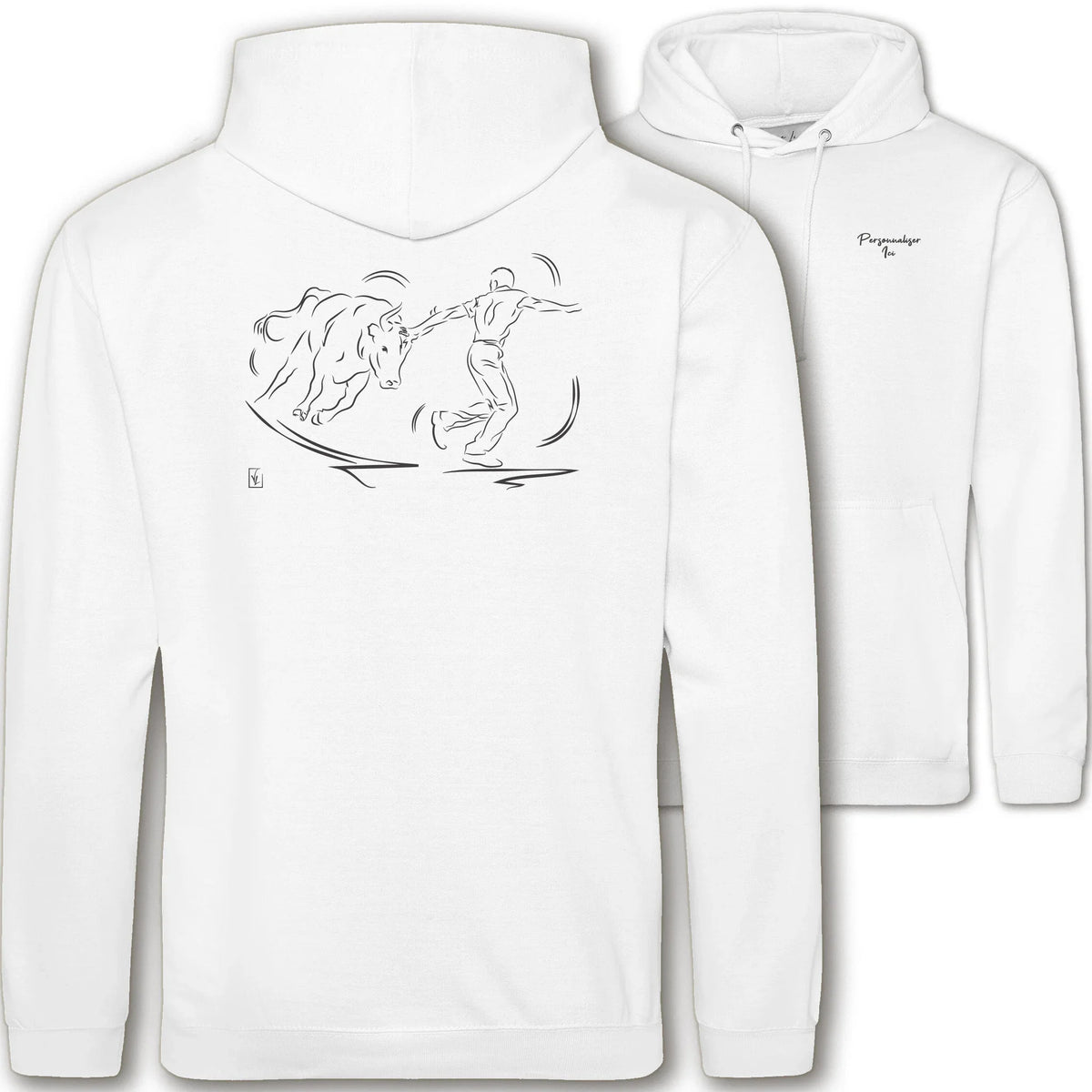 Motif Camargue Course camarguaise - Le crochet - au dos d'un Sweat à capuche Unisexe 280g - Blanc Arctic White