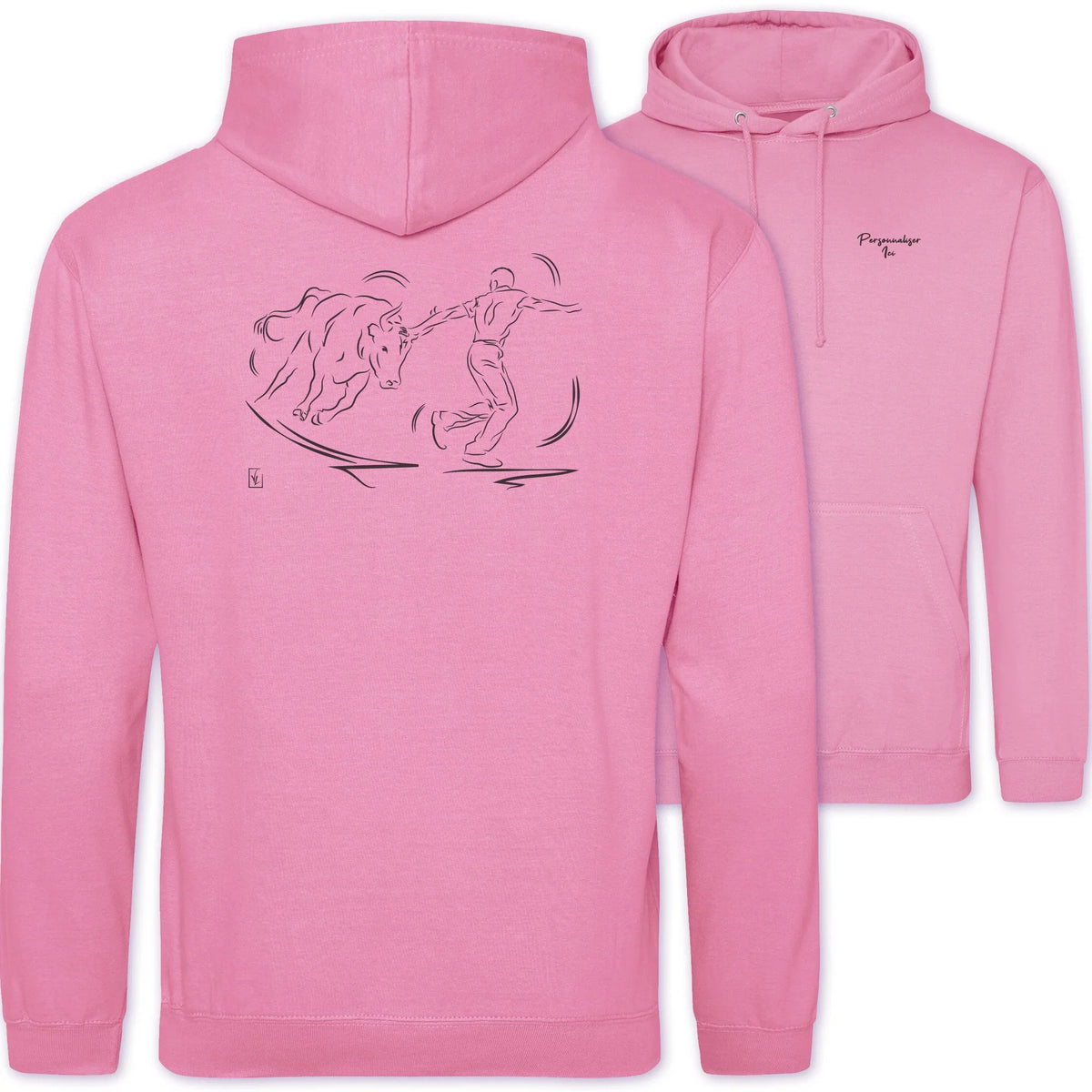 Motif Camargue Course camarguaise - Le crochet - au dos d'un Sweat à capuche Unisexe 280g - Rose Candyfloss pink