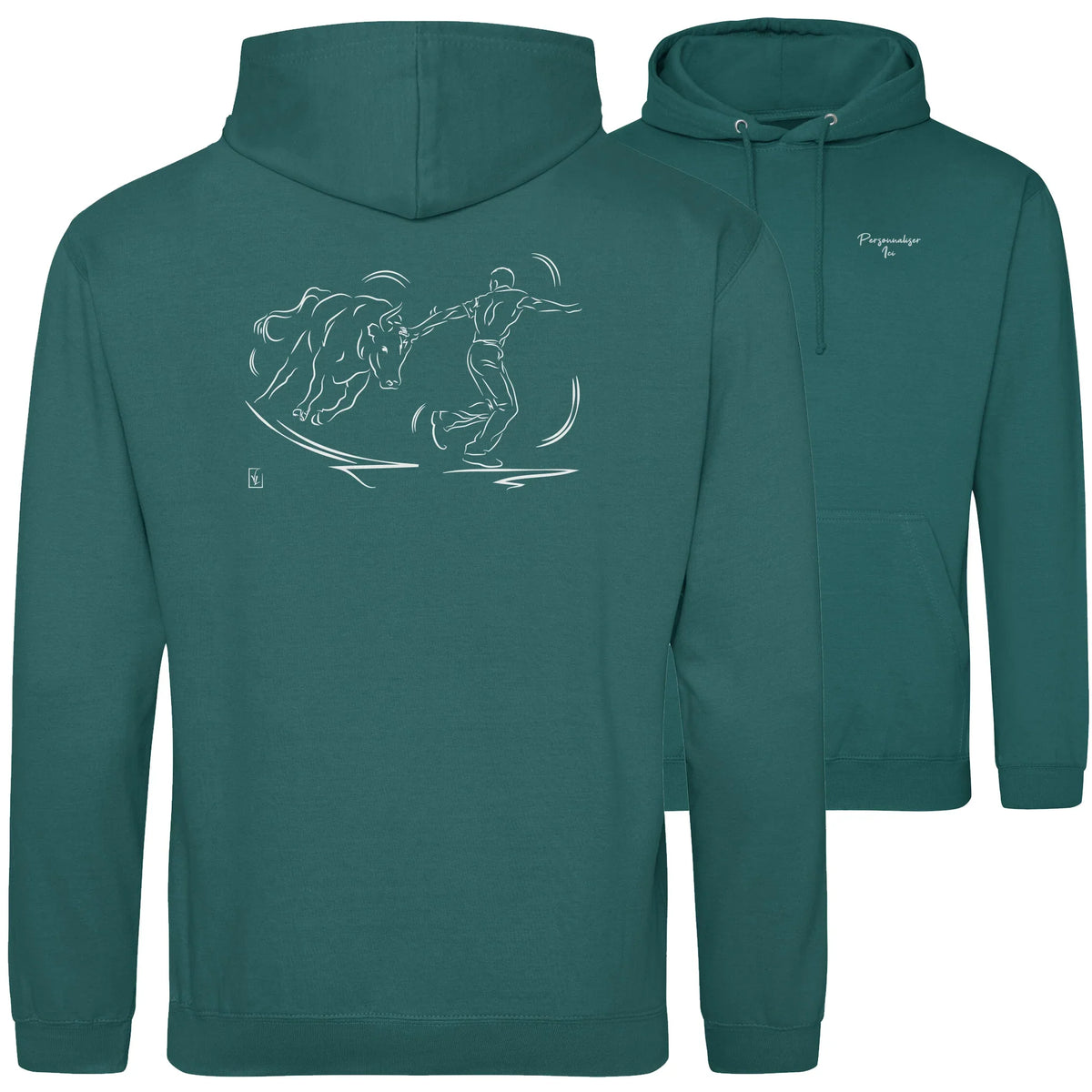 Motif Camargue Course camarguaise - Le crochet - au dos d'un Sweat à capuche Unisexe 280g - Vert Jade