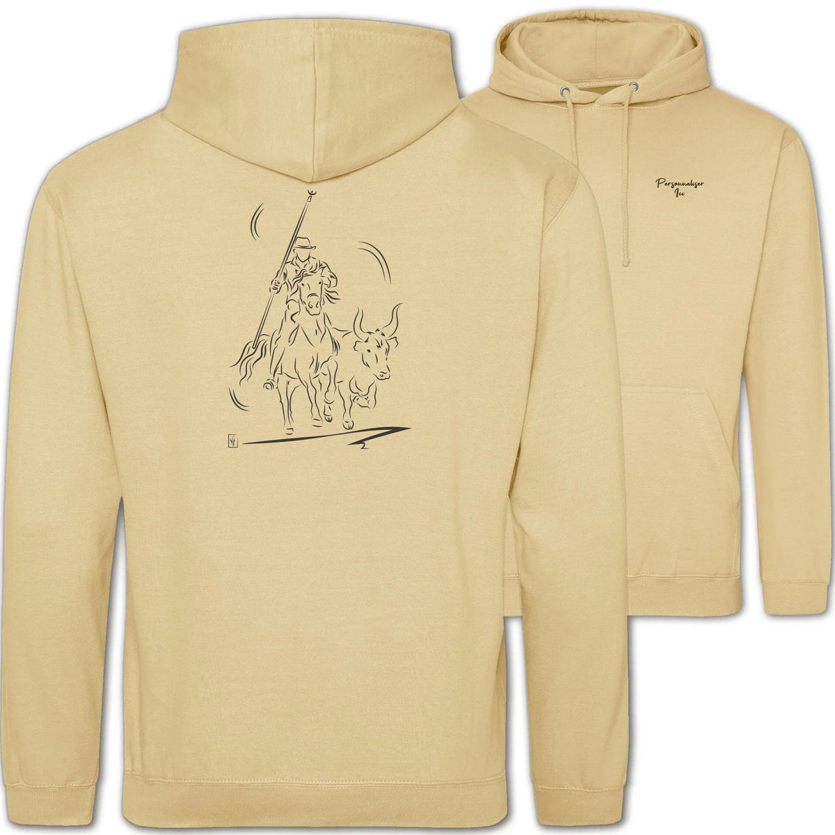 Motif Camargue Gardians et taureaux - Abrivado - au dos d'un Sweat à capuche Unisexe 280g - Beige Desert sand