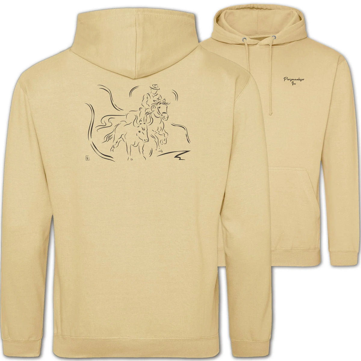 Motif Camargue Gardians et taureaux - Chevauchée - au dos d'un Sweat à capuche Unisexe 280g - Beige Desert sand