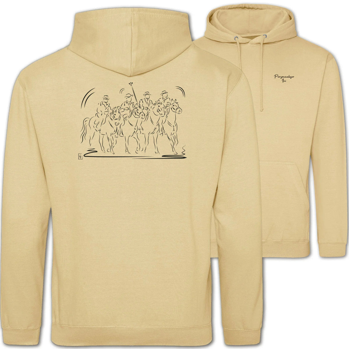 Motif Camargue Gardians et taureaux - Culture - au dos d'un Sweat à capuche Unisexe 280g - Beige Desert sand