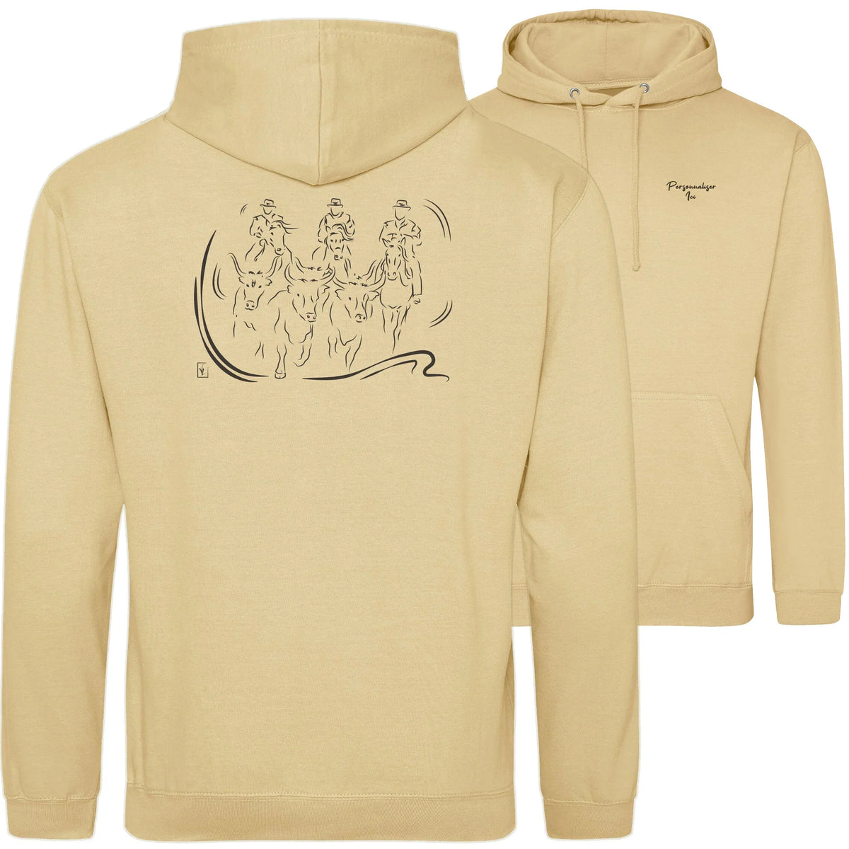 Motif Camargue Gardians et taureaux - Terre sauvage - au dos d'un Sweat à capuche Unisexe 280g - Beige Desert sand