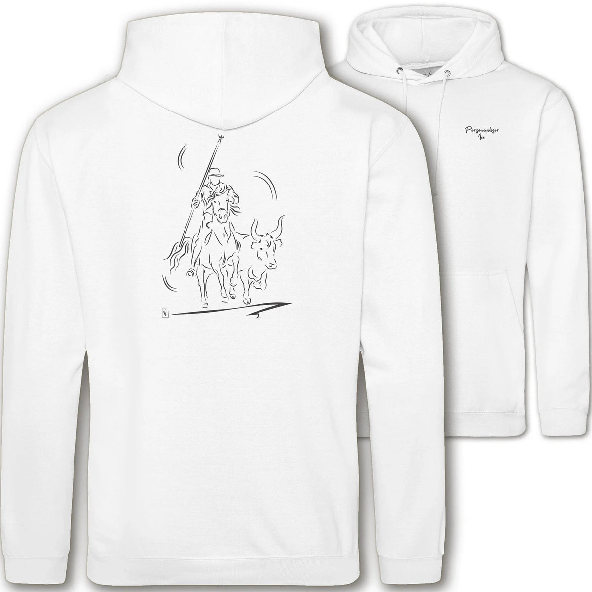 Motif Camargue Gardians et taureaux - Abrivado - au dos d'un Sweat à capuche Unisexe 280g - Blanc Arctic White