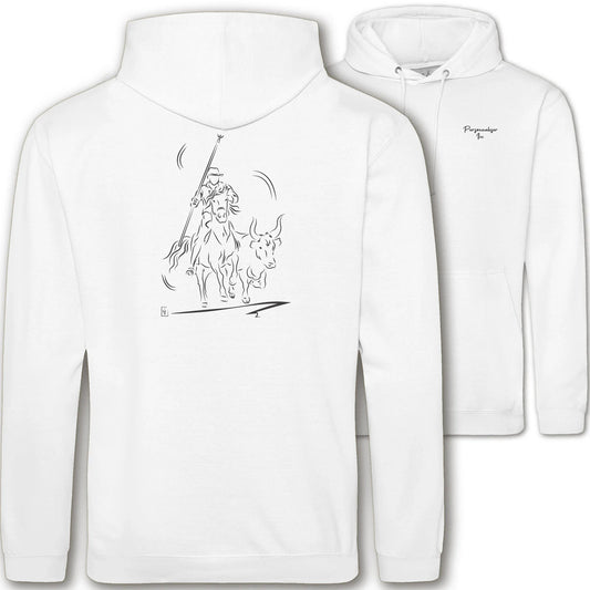 Motif Camargue Gardians et taureaux - Abrivado - au dos d'un Sweat à capuche Unisexe 280g - Blanc Arctic White