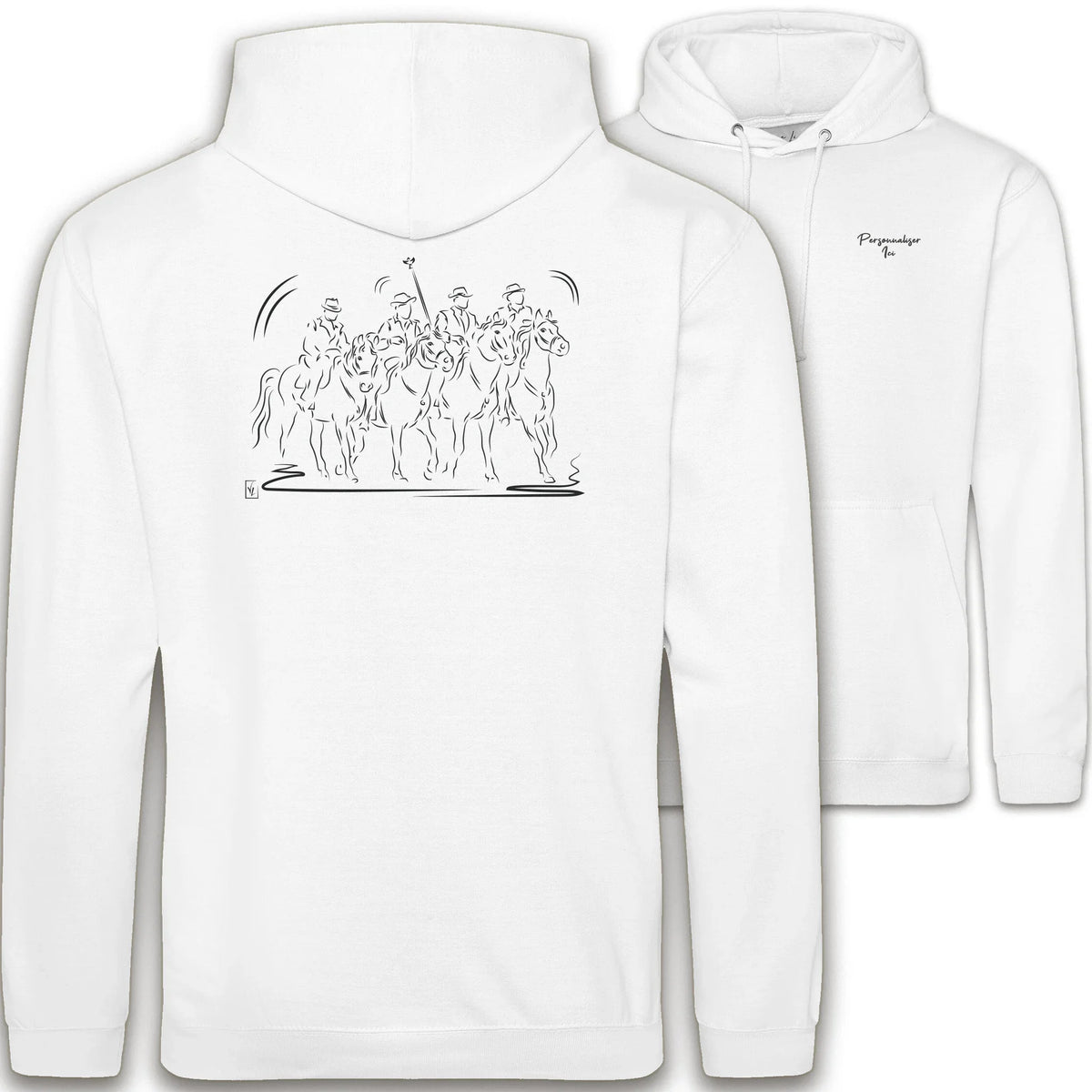 Motif Camargue Gardians et taureaux - Culture - au dos d'un Sweat à capuche Unisexe 280g - Blanc Arctic White
