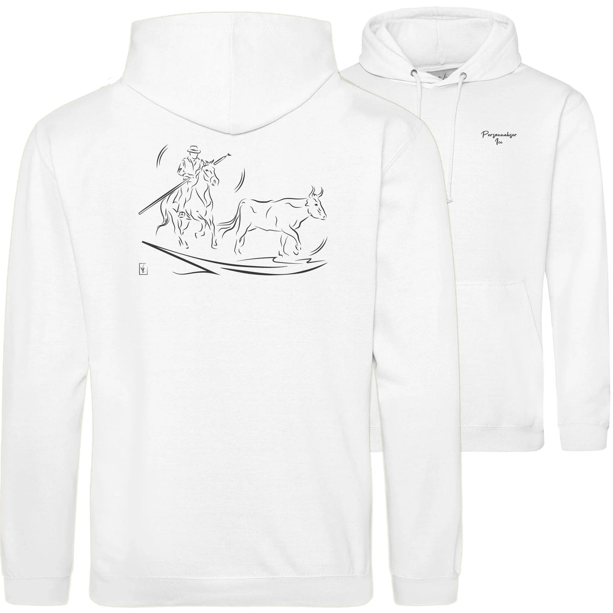 Motif Camargue Gardians et taureaux - Patrimoine - au dos d'un Sweat à capuche Unisexe 280g - Blanc Arctic White