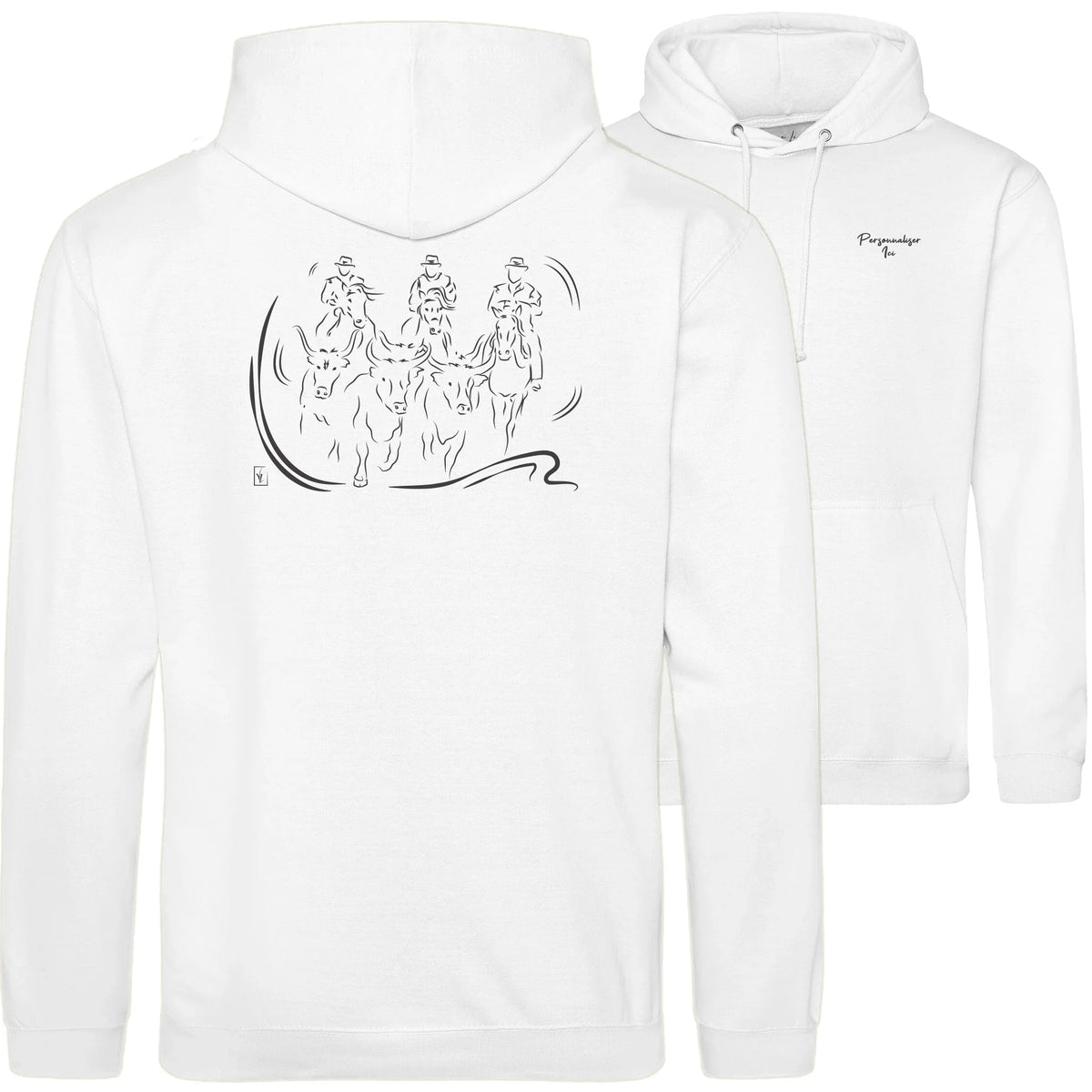 Motif Camargue Gardians et taureaux - Terre sauvage - au dos d'un Sweat à capuche Unisexe 280g - Blanc Arctic White