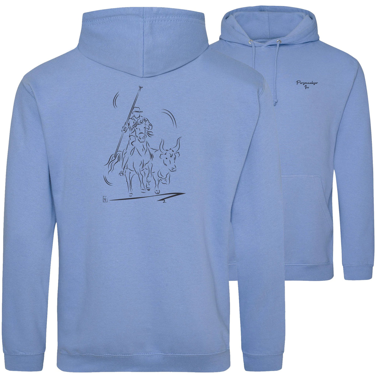 Motif Camargue Gardians et taureaux - Abrivado - au dos d'un Sweat à capuche Unisexe 280g - Bleu Cornflower blue