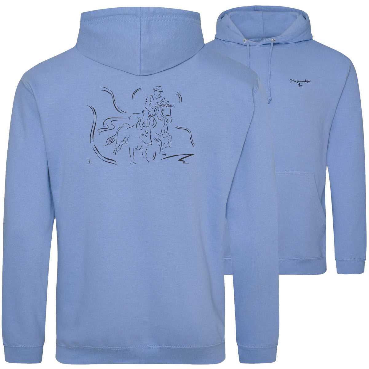 Motif Camargue Gardians et taureaux - Chevauchée - au dos d'un Sweat à capuche Unisexe 280g - Bleu Cornflower blue