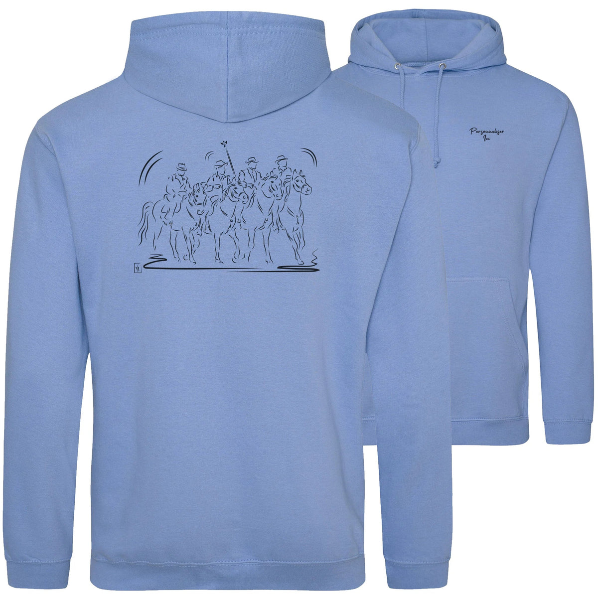 Motif Camargue Gardians et taureaux - Culture - au dos d'un Sweat à capuche Unisexe 280g - Bleu Cornflower blue