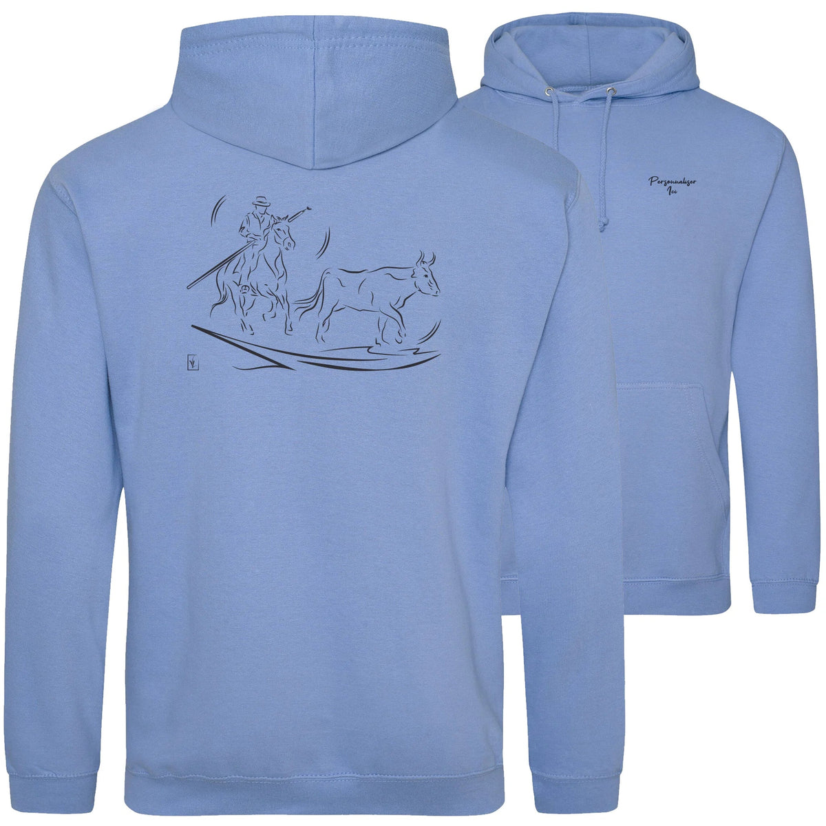 Motif Camargue Gardians et taureaux - Patrimoine - au dos d'un Sweat à capuche Unisexe 280g - Bleu Cornflower blue