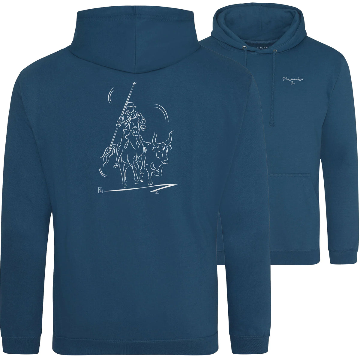 Motif Camargue Gardians et taureaux - Abrivado - au dos d'un Sweat à capuche Unisexe 280g - Bleu Deap sea blue