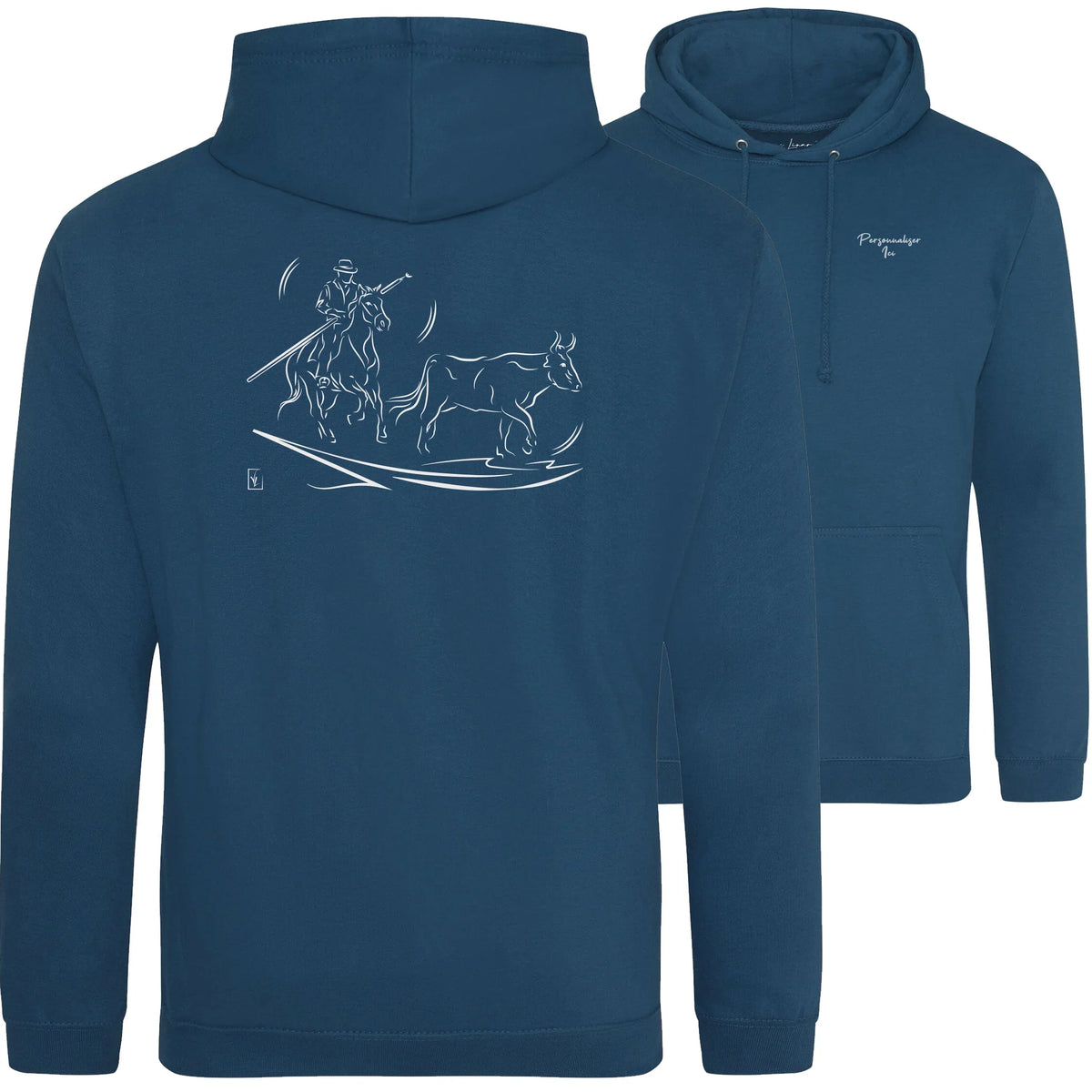 Motif Camargue Gardians et taureaux - Patrimoine - au dos d'un Sweat à capuche Unisexe 280g - Bleu Deap sea blue