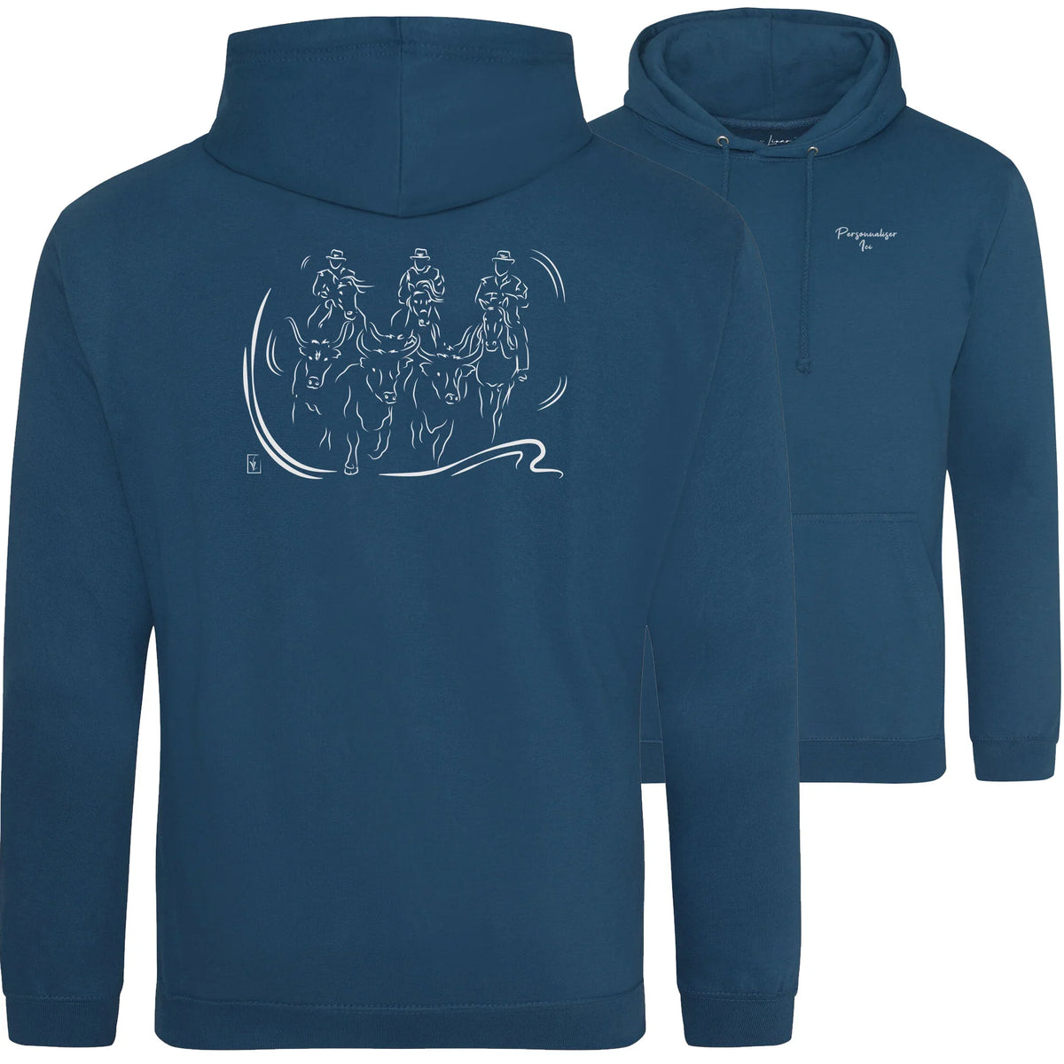 Motif Camargue Gardians et taureaux - Terre sauvage - au dos d'un Sweat à capuche Unisexe 280g - Bleu Deap sea blue