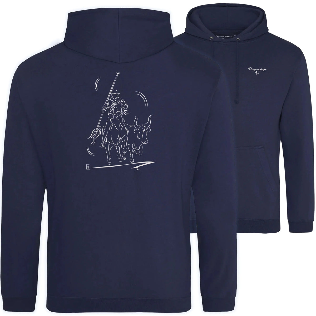 Motif Camargue Gardians et taureaux - Abrivado - au dos d'un Sweat à capuche Unisexe 280g - Bleu Oxford navy
