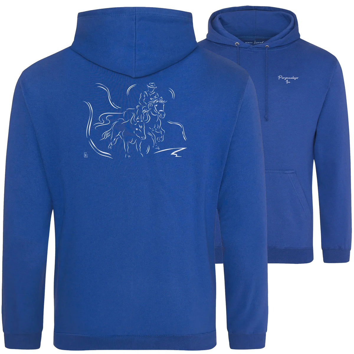 Motif Camargue Gardians et taureaux - Chevauchée - au dos d'un Sweat à capuche Unisexe 280g - Bleu Royal blue