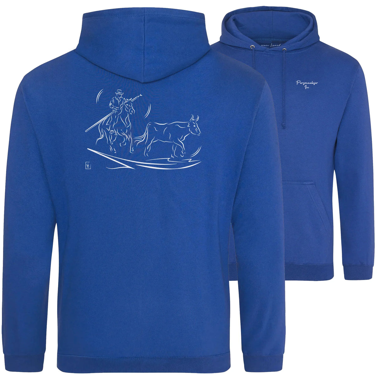 Motif Camargue Gardians et taureaux - Patrimoine - au dos d'un Sweat à capuche Unisexe 280g - Bleu Royal blue