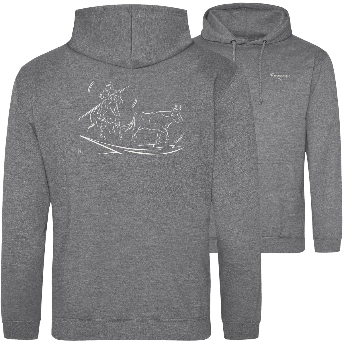 Motif Camargue Gardians et taureaux - Patrimoine - au dos d'un Sweat à capuche Unisexe 280g - Gris Graphite heaver