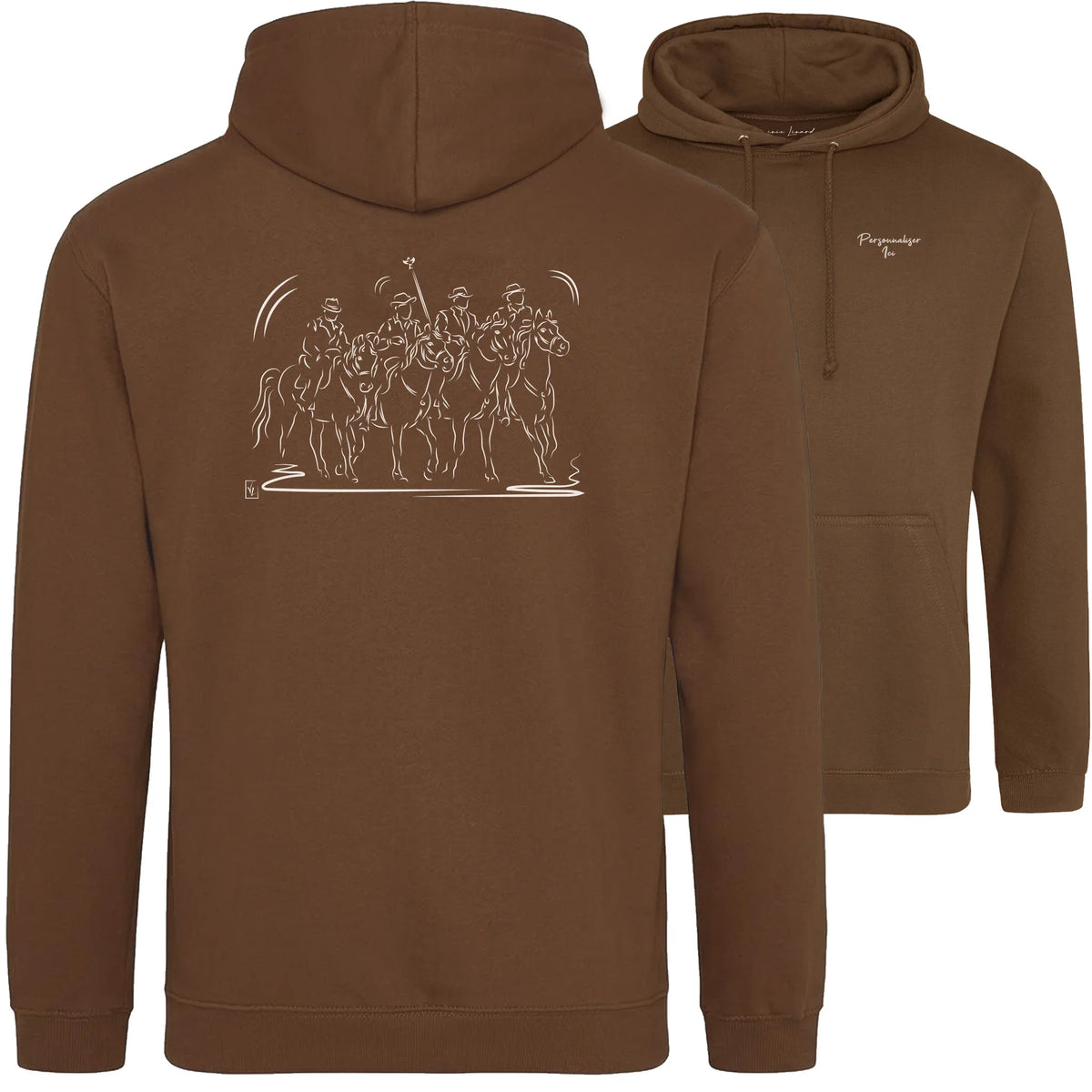 Motif Camargue Gardians et taureaux - Culture - au dos d'un Sweat à capuche Unisexe 280g - Marron Caramel toffee