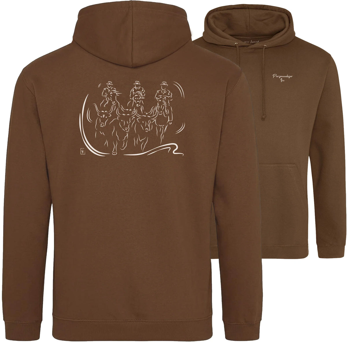 Motif Camargue Gardians et taureaux - Terre sauvage - au dos d'un Sweat à capuche Unisexe 280g - Marron Caramel toffee