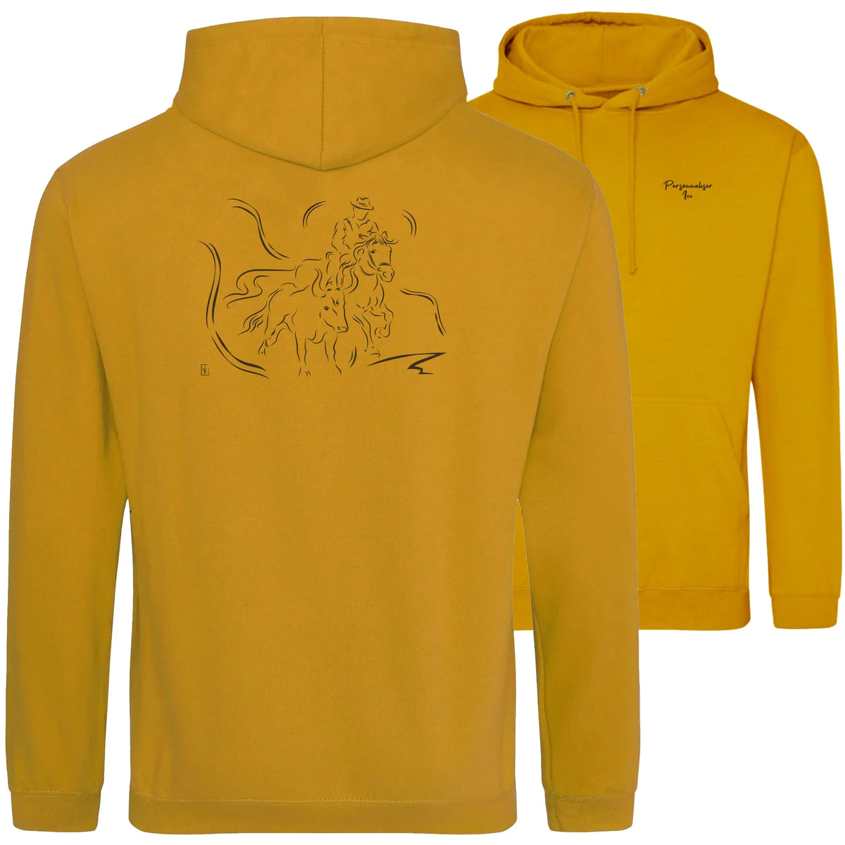 Motif Camargue Gardians et taureaux - Chevauchée - au dos d'un Sweat à capuche Unisexe 280g - Marron Mustard