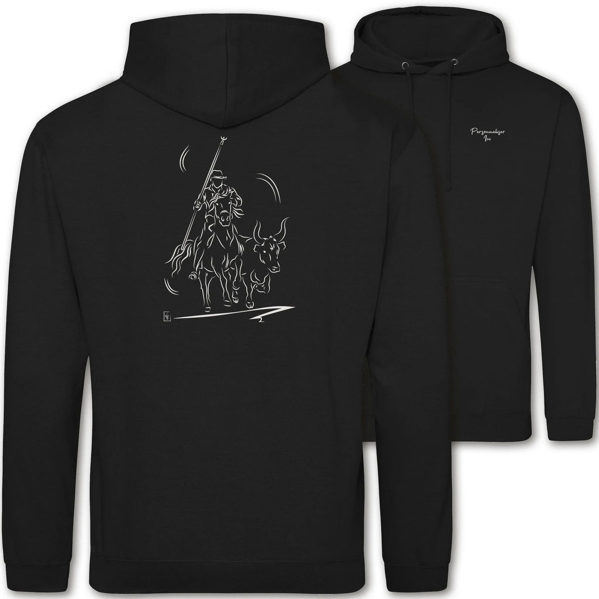 Motif Camargue Gardians et taureaux - Abrivado - au dos d'un Sweat à capuche Unisexe 280g - Noir Jet black