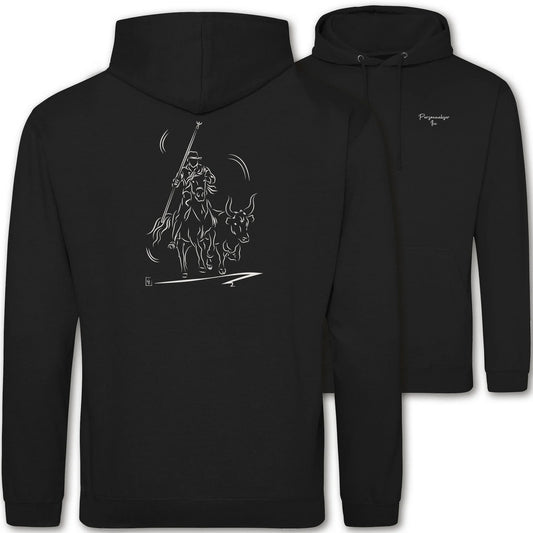 Motif Camargue Gardians et taureaux - Abrivado - au dos d'un Sweat à capuche Unisexe 280g - Noir Jet black