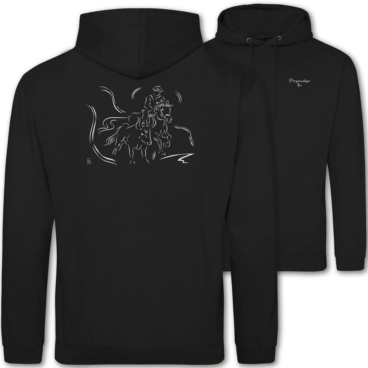 Motif Camargue Gardians et taureaux - Chevauchée - au dos d'un Sweat à capuche Unisexe 280g - Noir Jet black