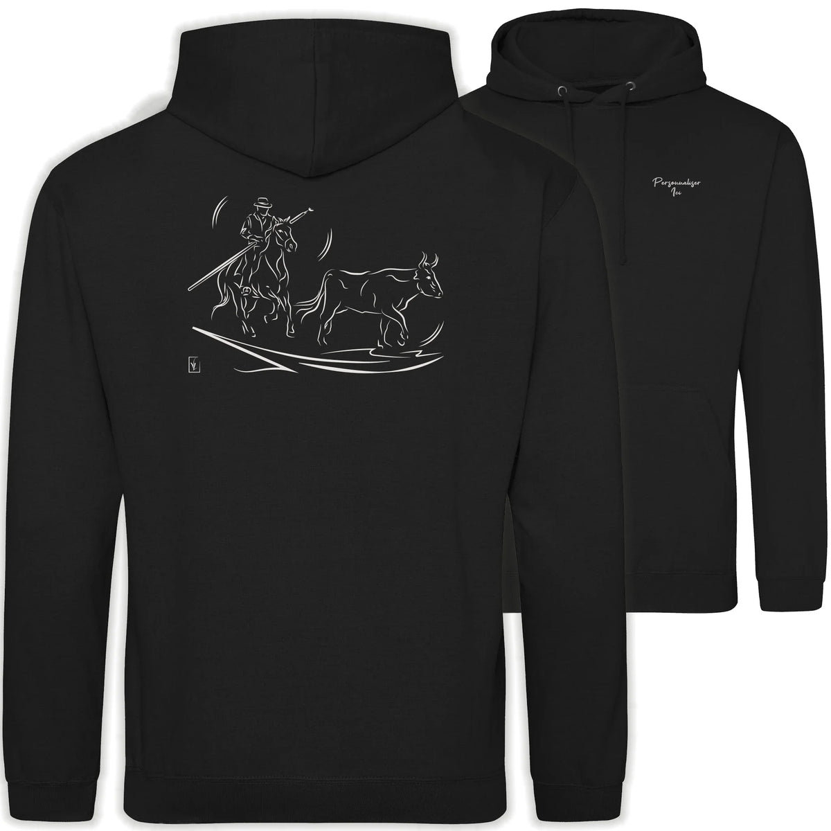 Motif Camargue Gardians et taureaux - Patrimoine - au dos d'un Sweat à capuche Unisexe 280g - Noir Jet black