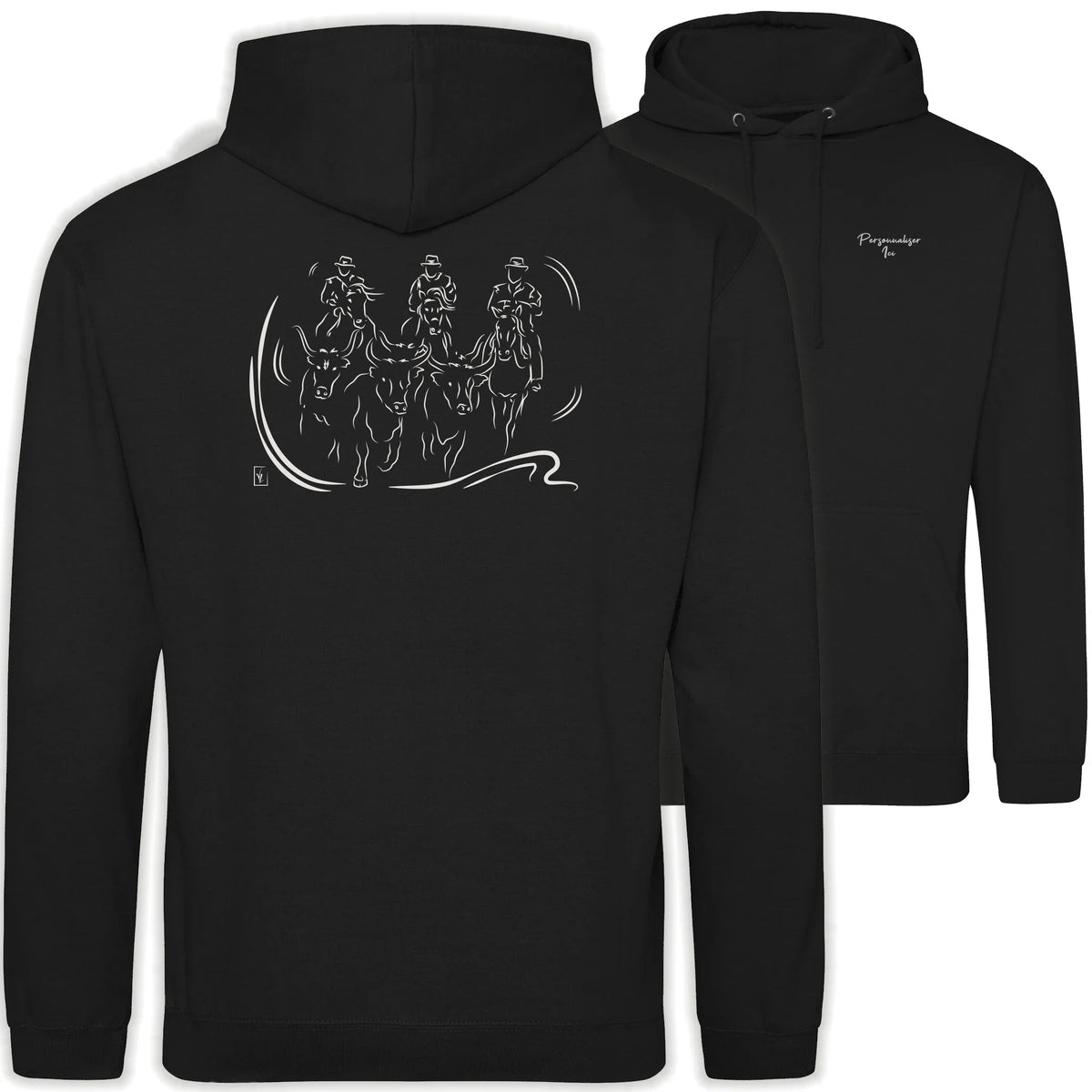 Motif Camargue Gardians et taureaux - Terre sauvage - au dos d'un Sweat à capuche Unisexe 280g - Noir Jet black