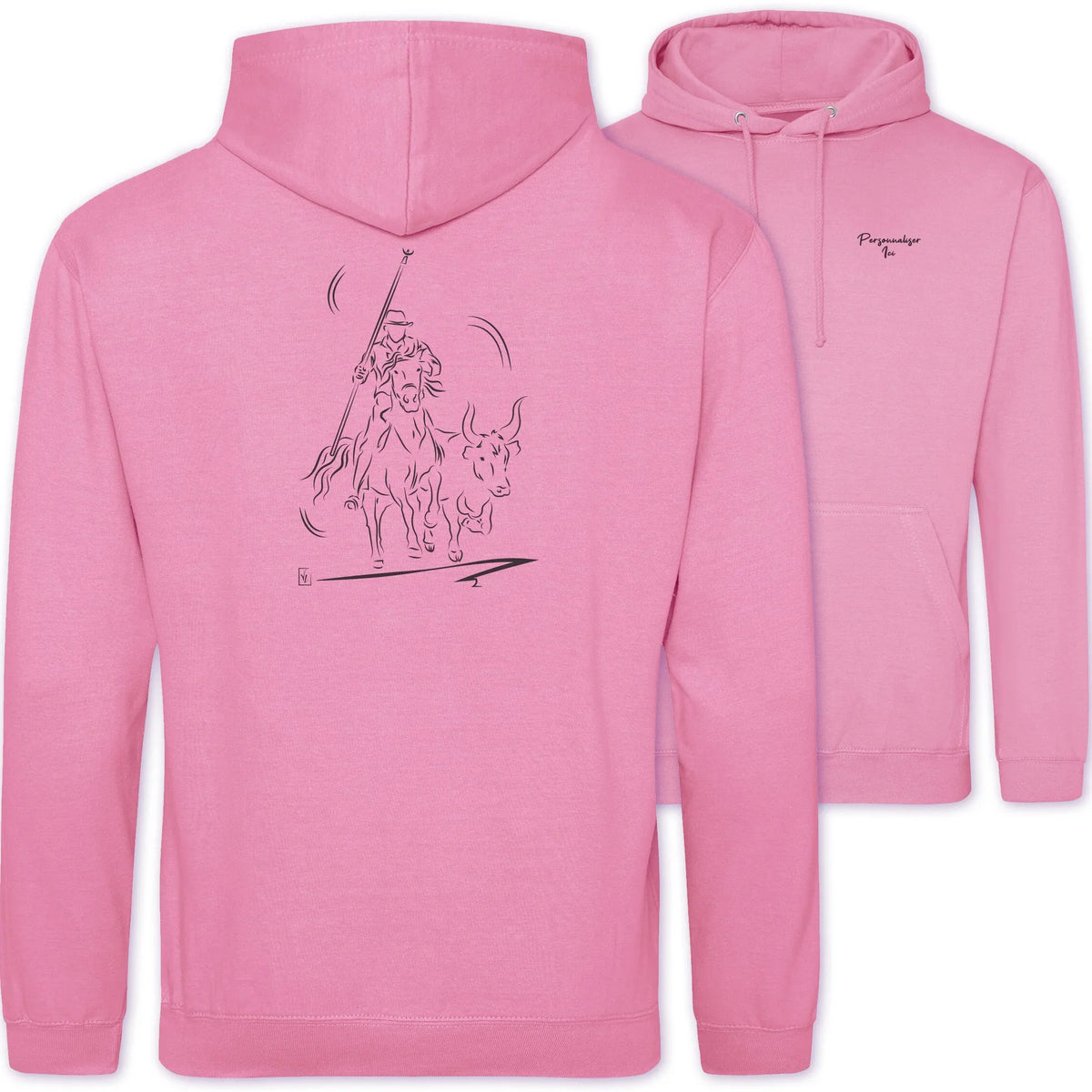 Motif Camargue Gardians et taureaux - Abrivado - au dos d'un Sweat à capuche Unisexe 280g - Rose Candyfloss pink