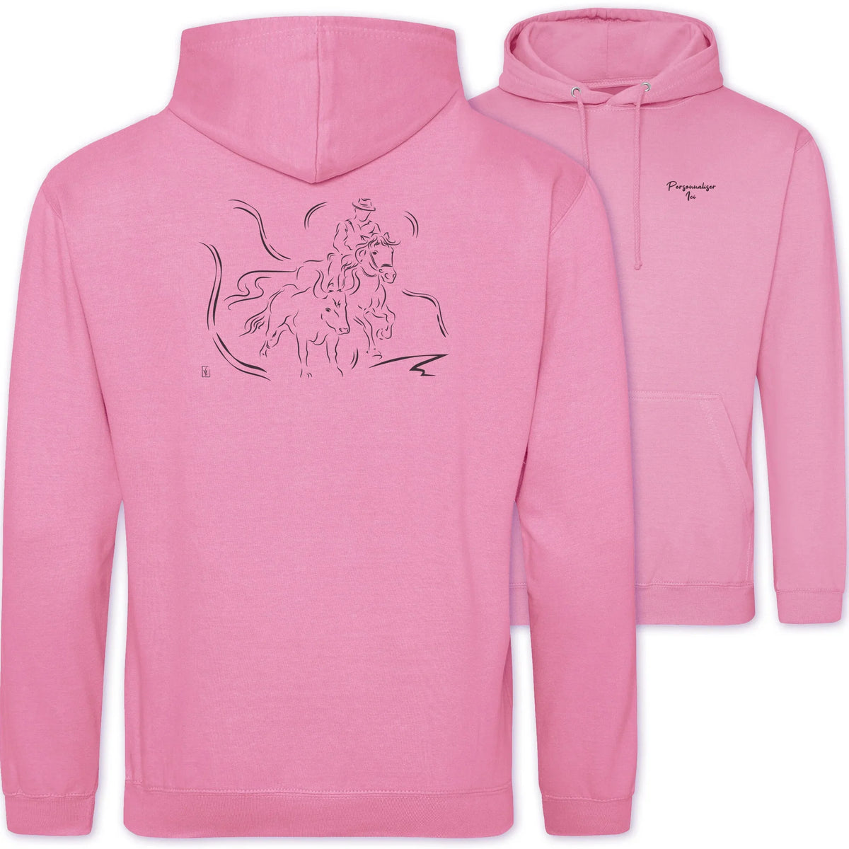 Motif Camargue Gardians et taureaux - Chevauchée - au dos d'un Sweat à capuche Unisexe 280g - Rose Candyfloss pink