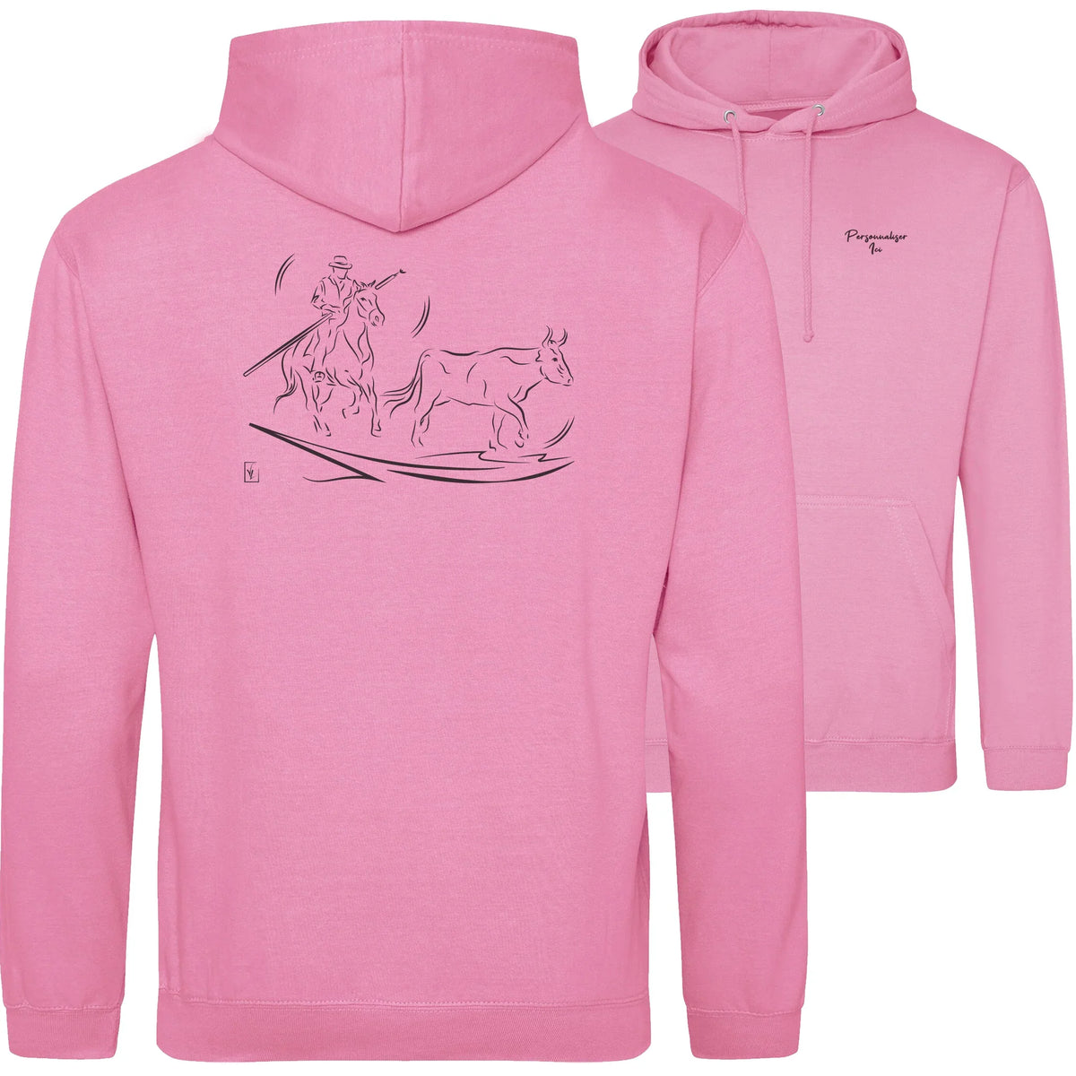 Motif Camargue Gardians et taureaux - Patrimoine - au dos d'un Sweat à capuche Unisexe 280g - Rose Candyfloss pink